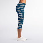 White Shark Pattern Print Women's Capri Leggings