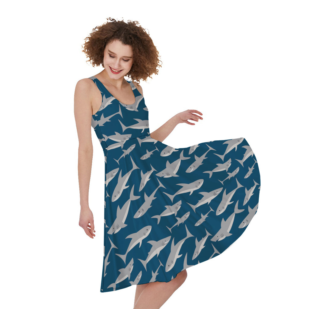 White Shark Pattern Print Women's Sleeveless Dress