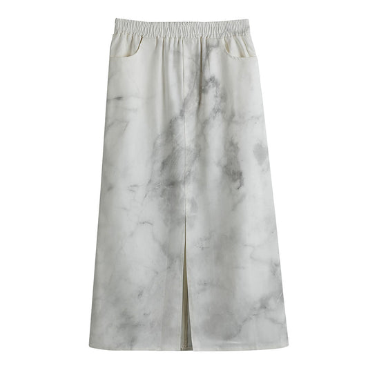 White Smoke Marble Print Cotton Front Slit Maxi Skirt