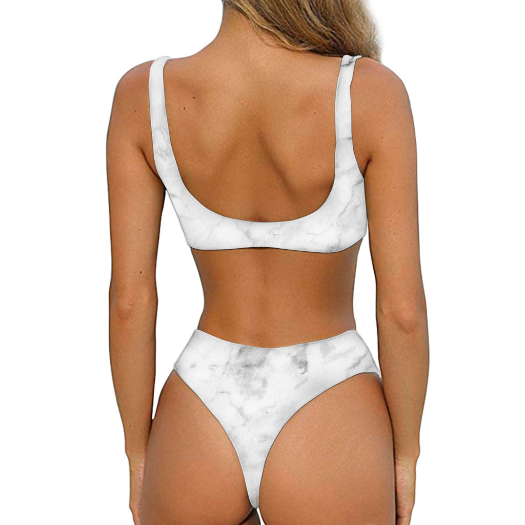 White Smoke Marble Print Front Bow Tie Bikini