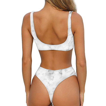 White Smoke Marble Print Front Bow Tie Bikini