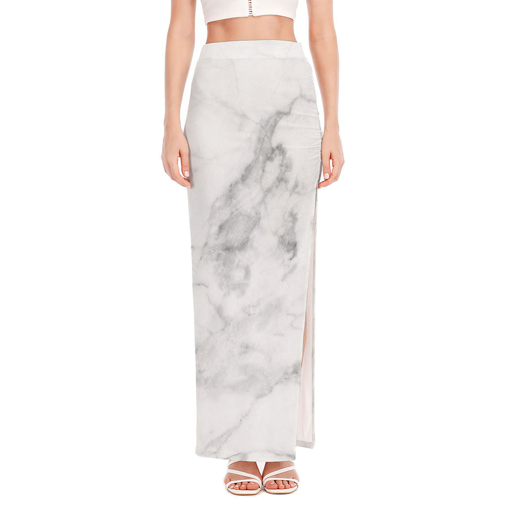 White Smoke Marble Print High Slit Maxi Skirt
