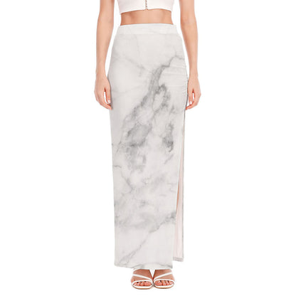 White Smoke Marble Print High Slit Maxi Skirt