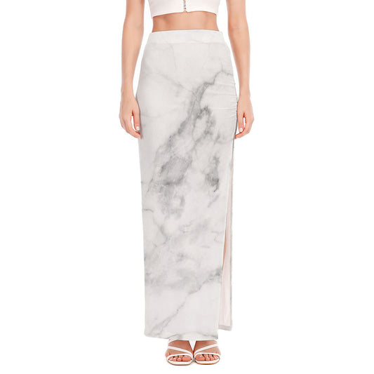 White Smoke Marble Print High Slit Maxi Skirt