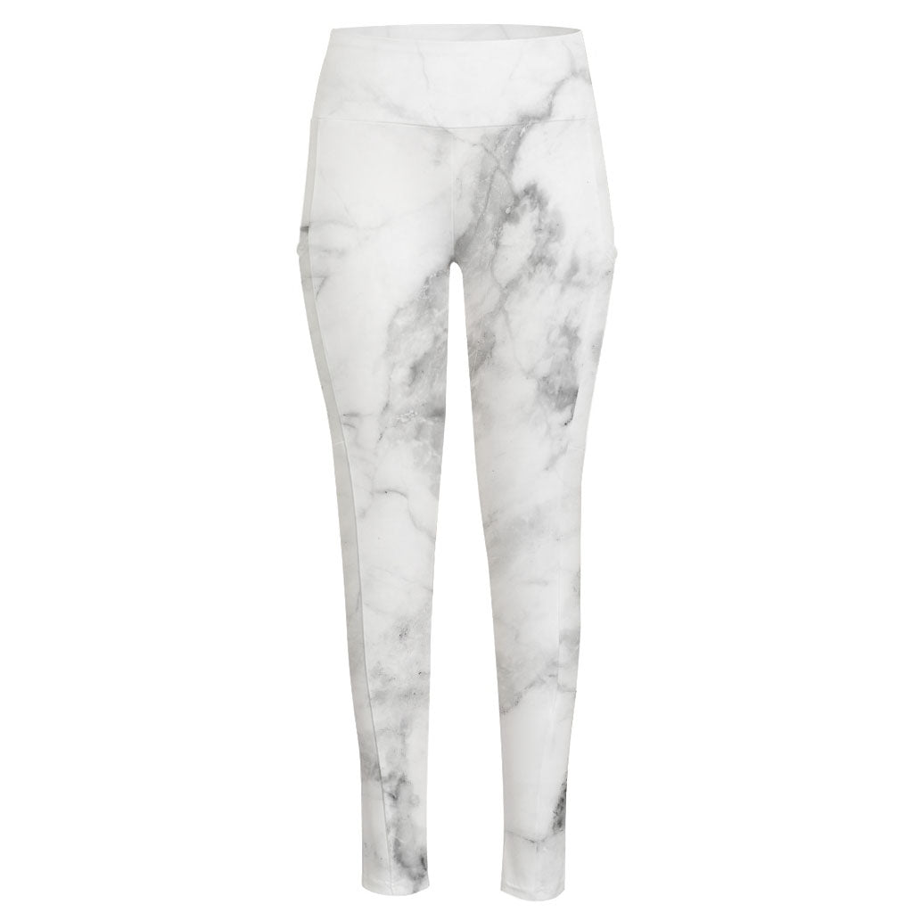White Smoke Marble Print High-Waisted Pocket Leggings