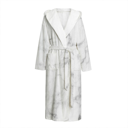 White Smoke Marble Print Hooded Bathrobe