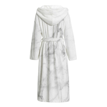 White Smoke Marble Print Hooded Bathrobe