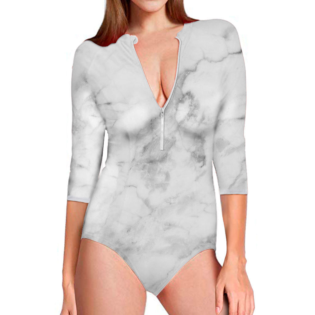 White Smoke Marble Print Long Sleeve Swimsuit