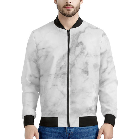 White Smoke Marble Print Men's Bomber Jacket