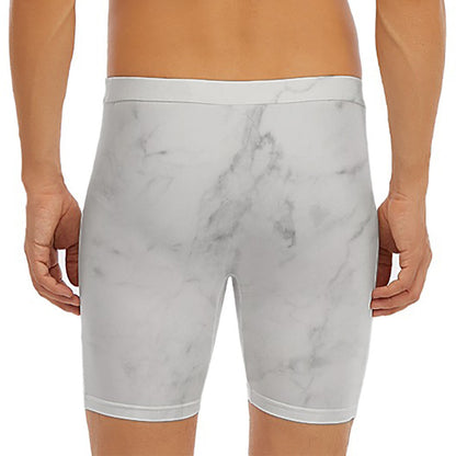 White Smoke Marble Print Men's Long Boxer Briefs