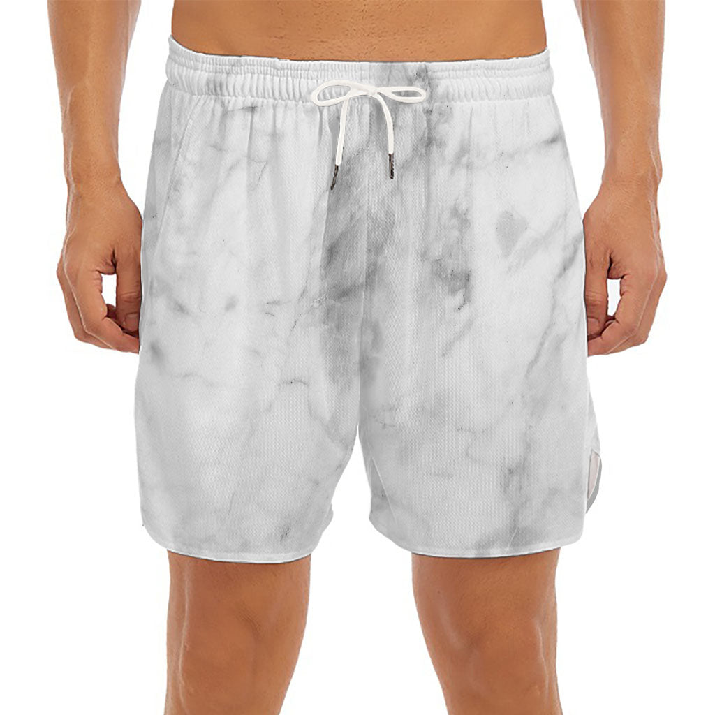 White Smoke Marble Print Men's Split Running Shorts