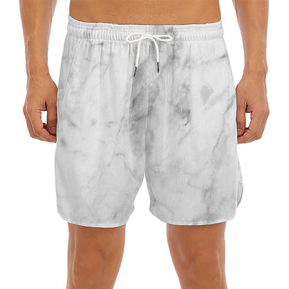 White Smoke Marble Print Men's Split Running Shorts