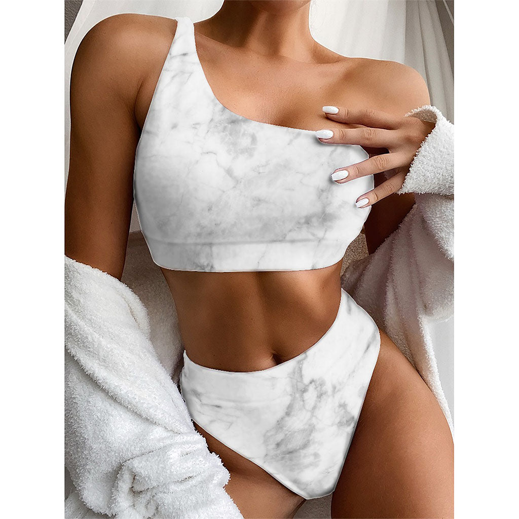 White Smoke Marble Print One Shoulder Bikini Top