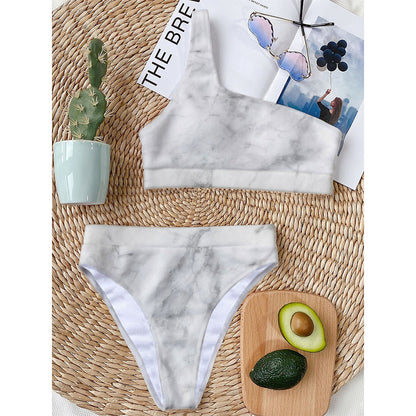White Smoke Marble Print One Shoulder Bikini Top
