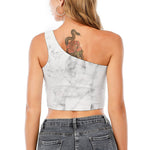 White Smoke Marble Print One Shoulder Crop Top