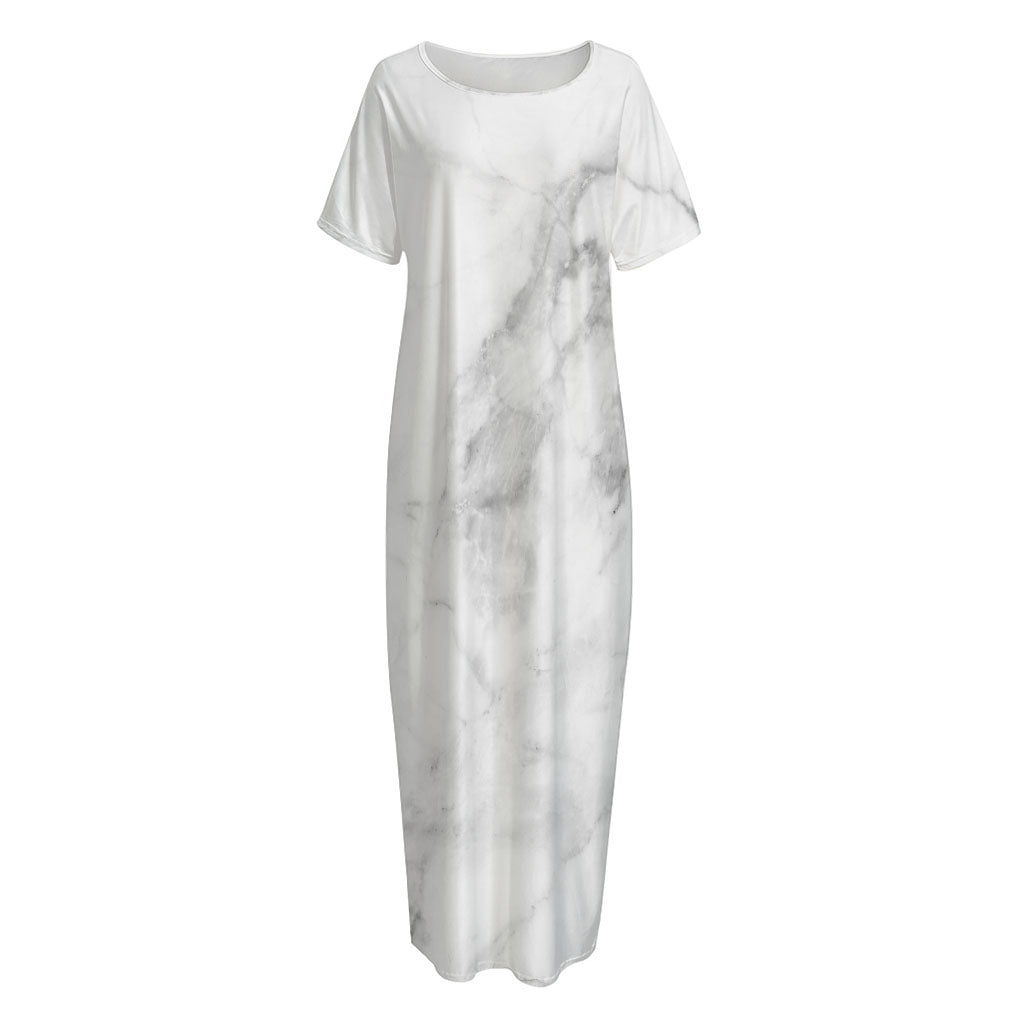 White Smoke Marble Print Short Sleeve Long Nightdress
