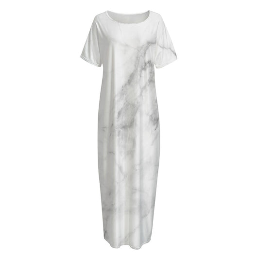 White Smoke Marble Print Short Sleeve Long Nightdress