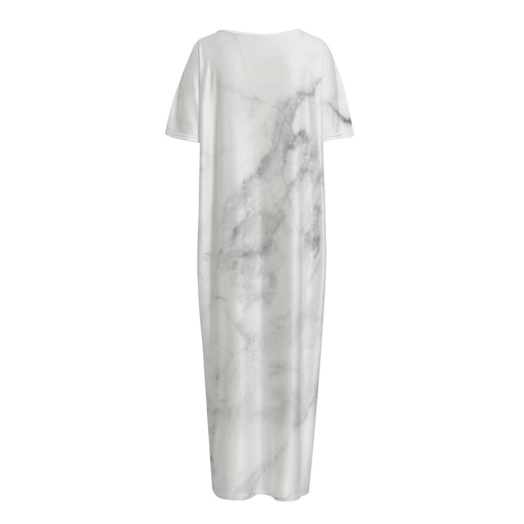 White Smoke Marble Print Short Sleeve Long Nightdress