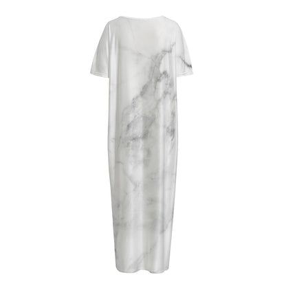 White Smoke Marble Print Short Sleeve Long Nightdress