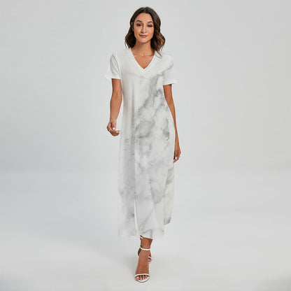 White Smoke Marble Print Short Sleeve Maxi Dress