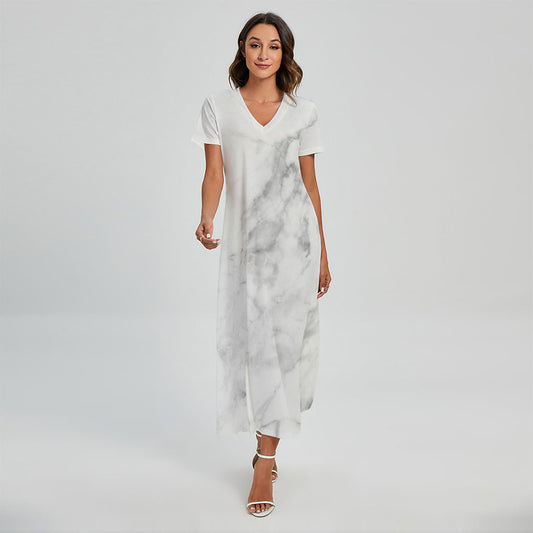 White Smoke Marble Print Short Sleeve Maxi Dress