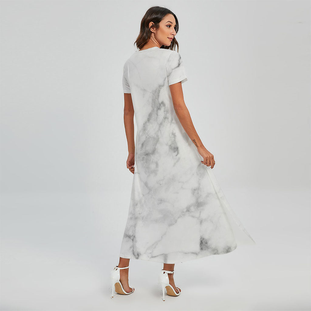 White Smoke Marble Print Short Sleeve Maxi Dress