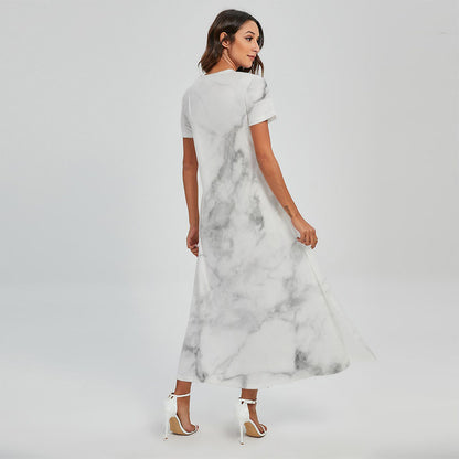 White Smoke Marble Print Short Sleeve Maxi Dress