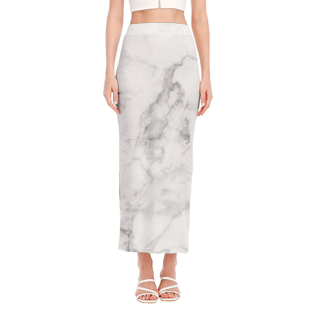 White Smoke Marble Print Side Slit Maxi Skirt