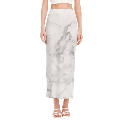 White Smoke Marble Print Side Slit Maxi Skirt