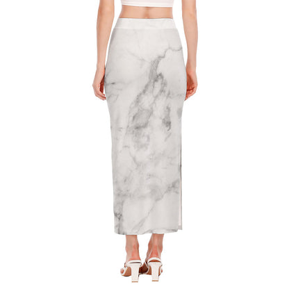 White Smoke Marble Print Side Slit Maxi Skirt