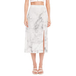 White Smoke Marble Print Side Slit Midi Skirt
