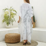 White Smoke Marble Print Silk V-Neck Kaftan Dress