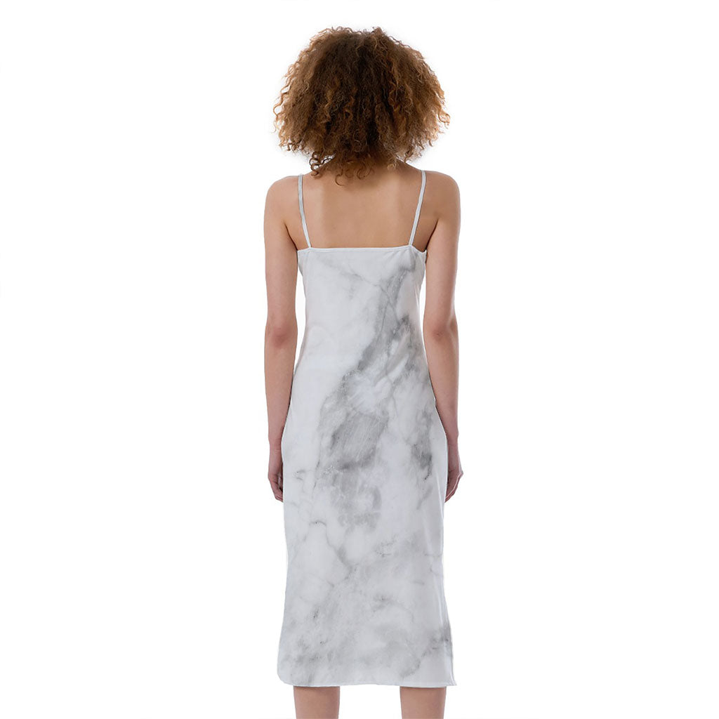White Smoke Marble Print Slim Fit Midi Cami Dress
