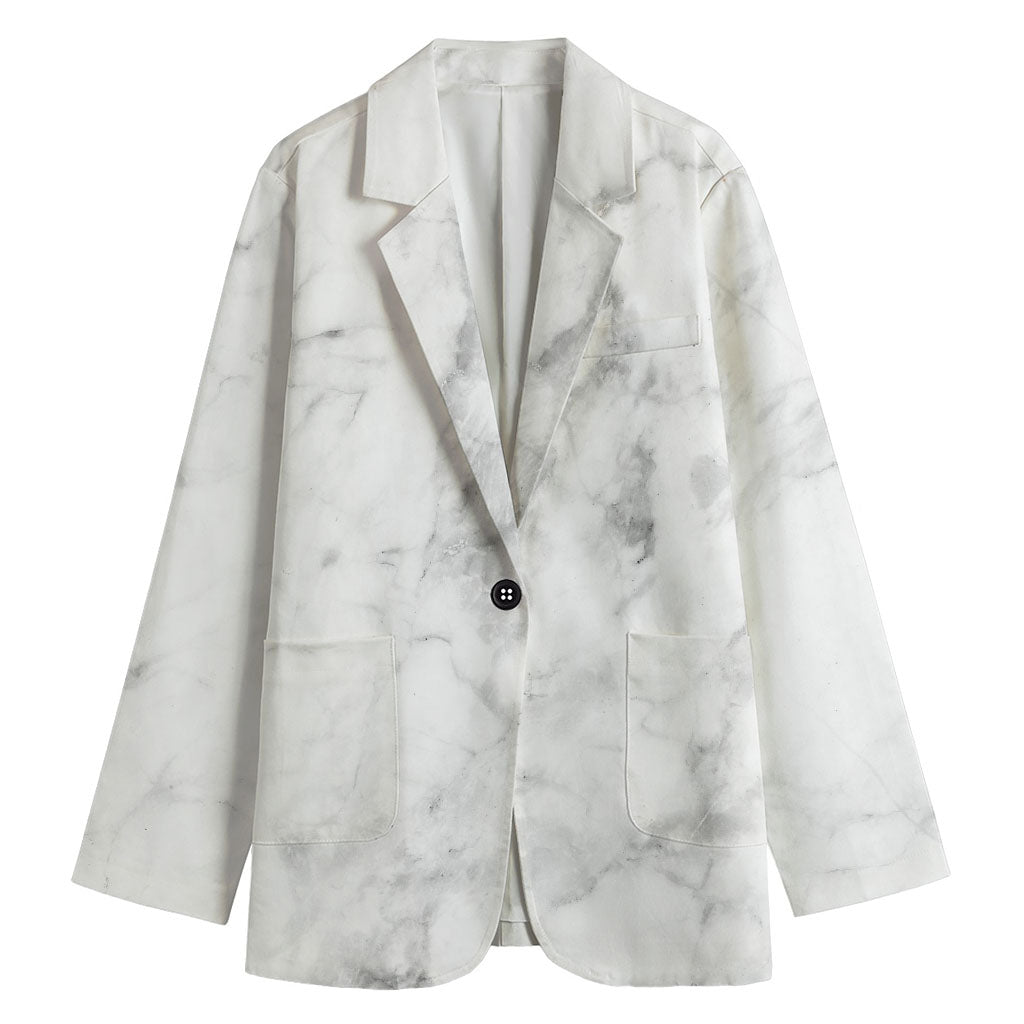 White Smoke Marble Print Women's Cotton Blazer