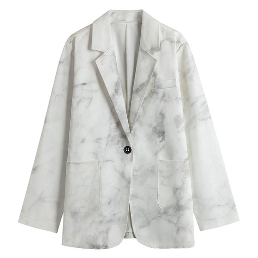 White Smoke Marble Print Women's Cotton Blazer