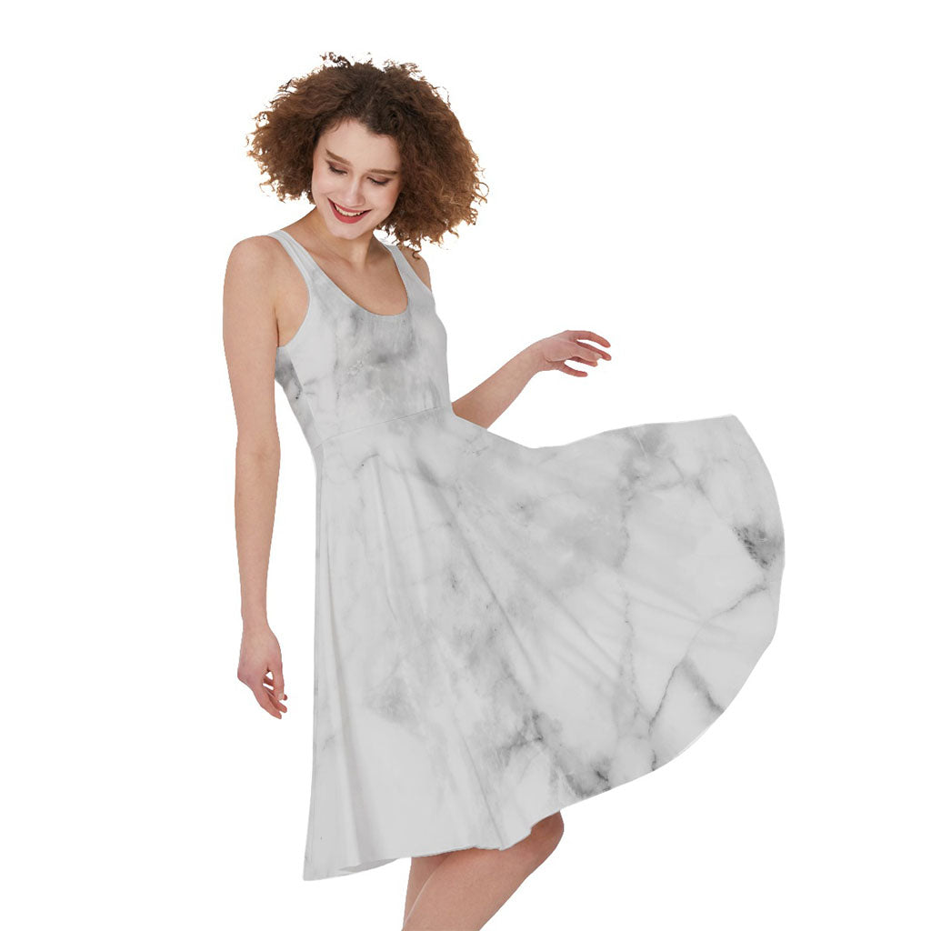 White Smoke Marble Print Women's Sleeveless Dress