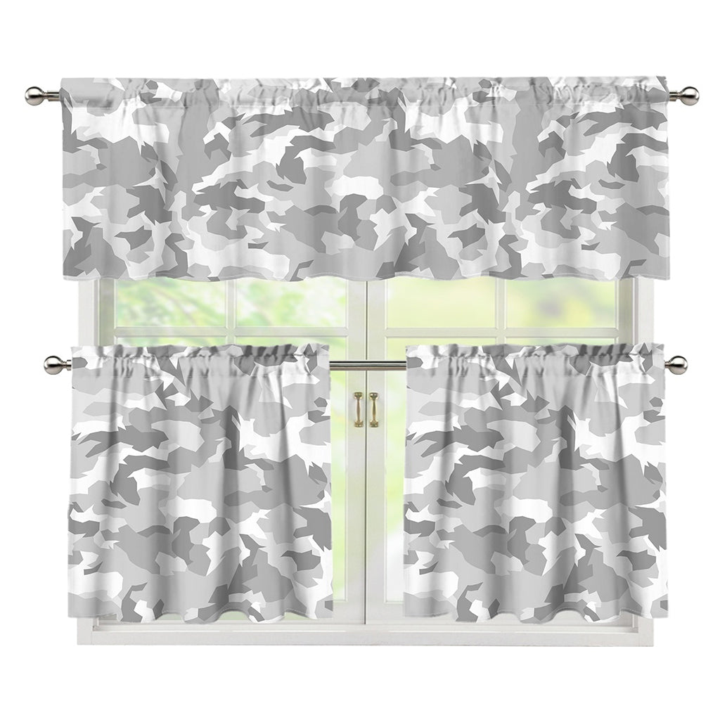 White Snow Camouflage Print 3 Piece Kitchen Curtains