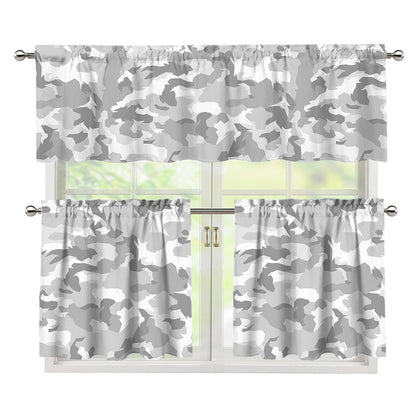 White Snow Camouflage Print 3 Piece Kitchen Curtains