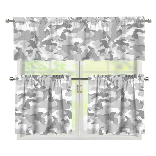White Snow Camouflage Print 3 Piece Kitchen Curtains