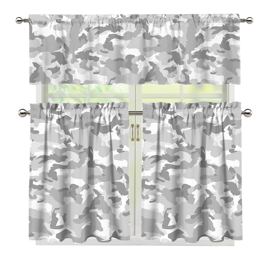 White Snow Camouflage Print 3 Piece Kitchen Curtains