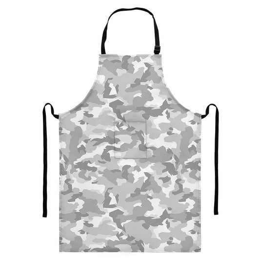 White Snow Camouflage Print Bib Apron With Pocket