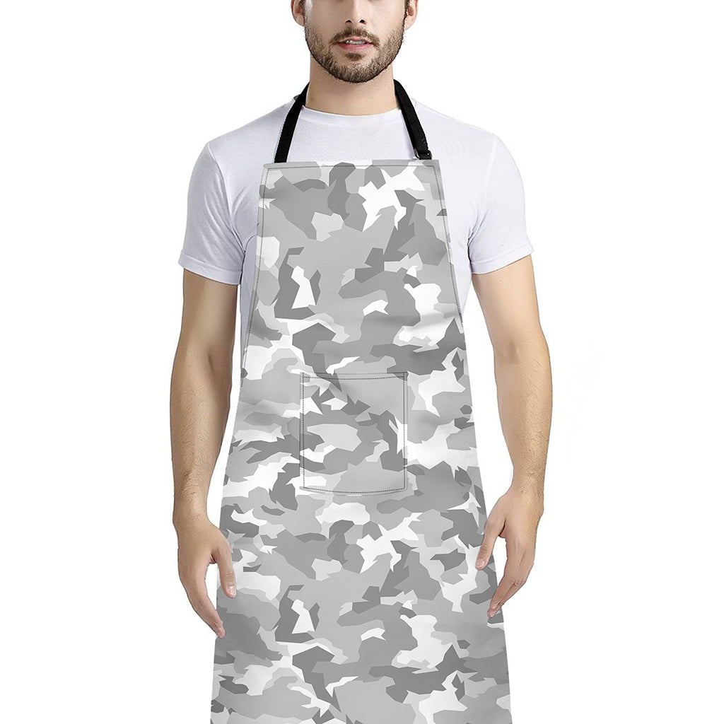 White Snow Camouflage Print Bib Apron With Pocket