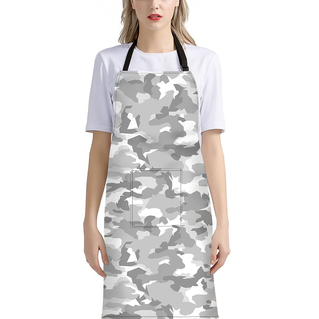 White Snow Camouflage Print Bib Apron With Pocket