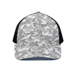 White Snow Camouflage Print Black Mesh Trucker Cap