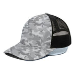 White Snow Camouflage Print Black Mesh Trucker Cap
