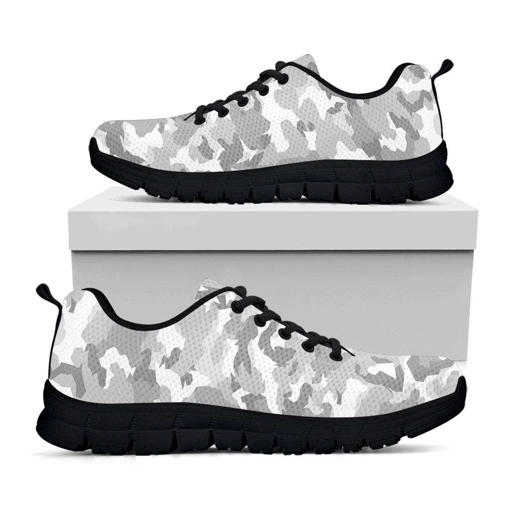 White Snow Camouflage Print Black Running Shoes