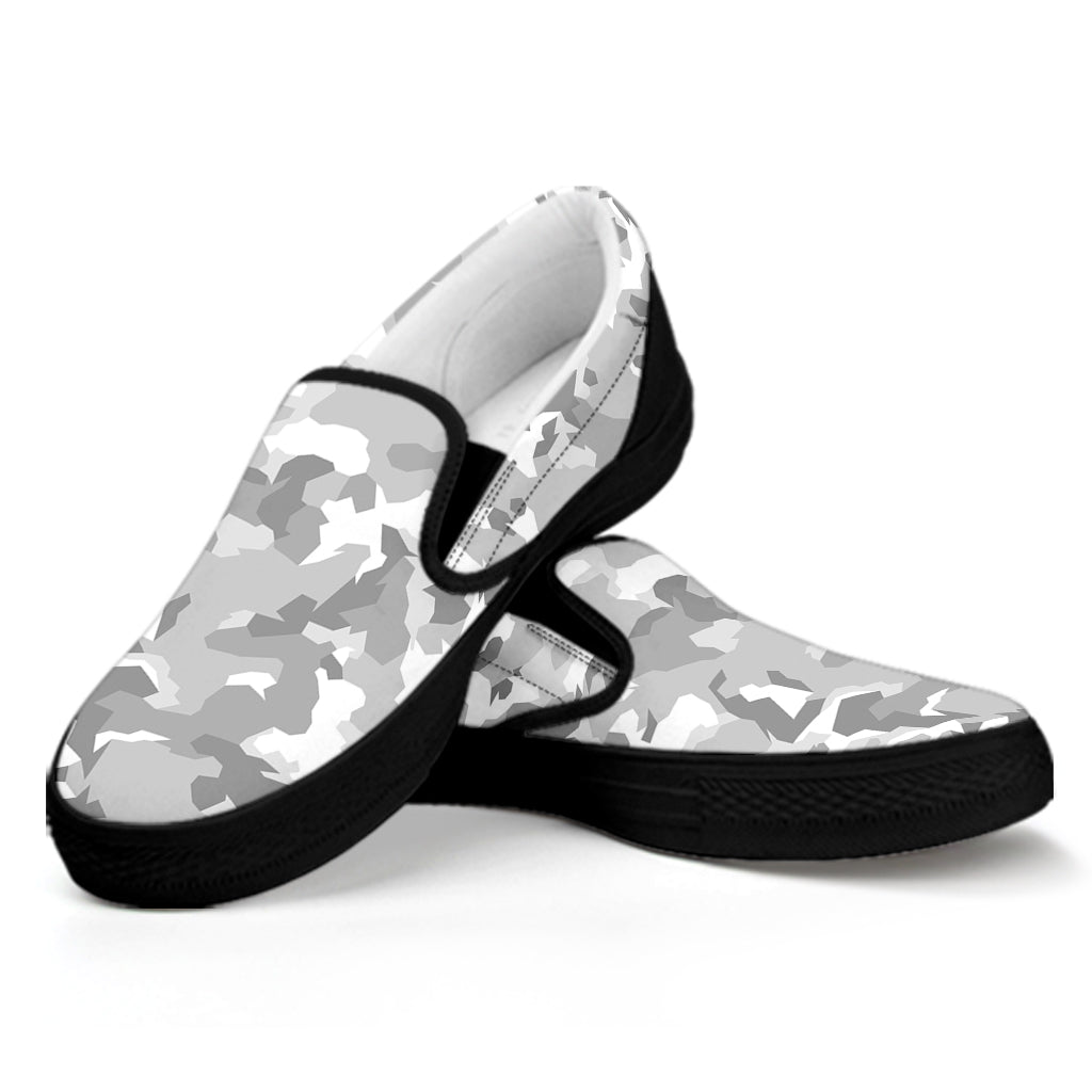 White Snow Camouflage Print Black Slip On Sneakers