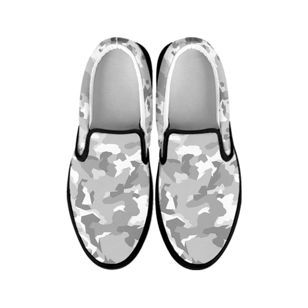 White Snow Camouflage Print Black Slip On Sneakers