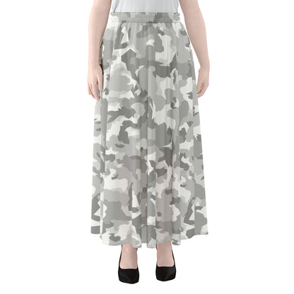 White Snow Camouflage Print Chiffon Maxi Skirt