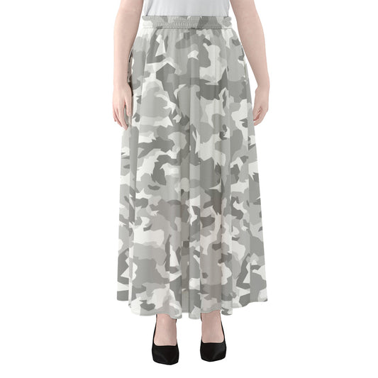 White Snow Camouflage Print Chiffon Maxi Skirt
